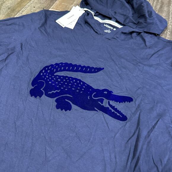 Lacoste Hoodie Mens 2XL Sleepwear Embossed Croc Logo Navy Blue Pullover Lounge - Picture 2 of 14